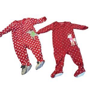 SET- 2 Carters Polka Dot Reindeer Red Fleece Footed PJ’S 12 Months Twins